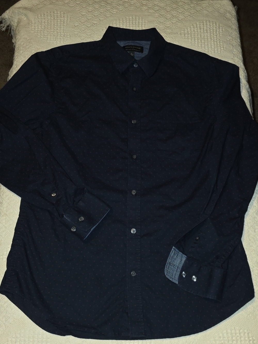 Banana Republic Navy Print Long-Sleeve Button-Up Shirt, Tailored Slim Fit, Large